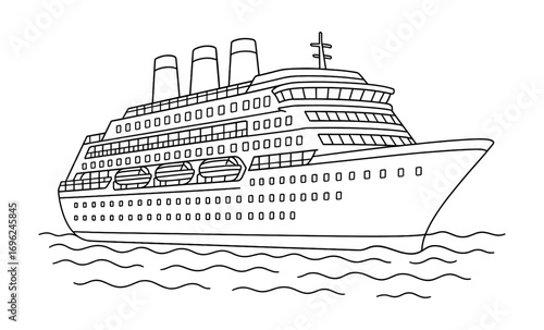 Outline cruise ship on waves for coloring pages and design
