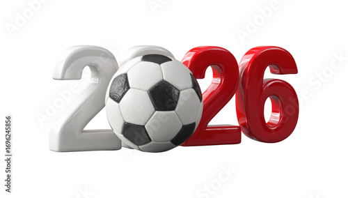 3d text 2026 with a soccer ball on a white background