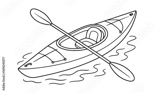 Line art kayak with paddle on water waves
