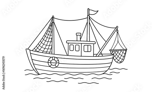 Fishing boat coloring page outline with ocean waves