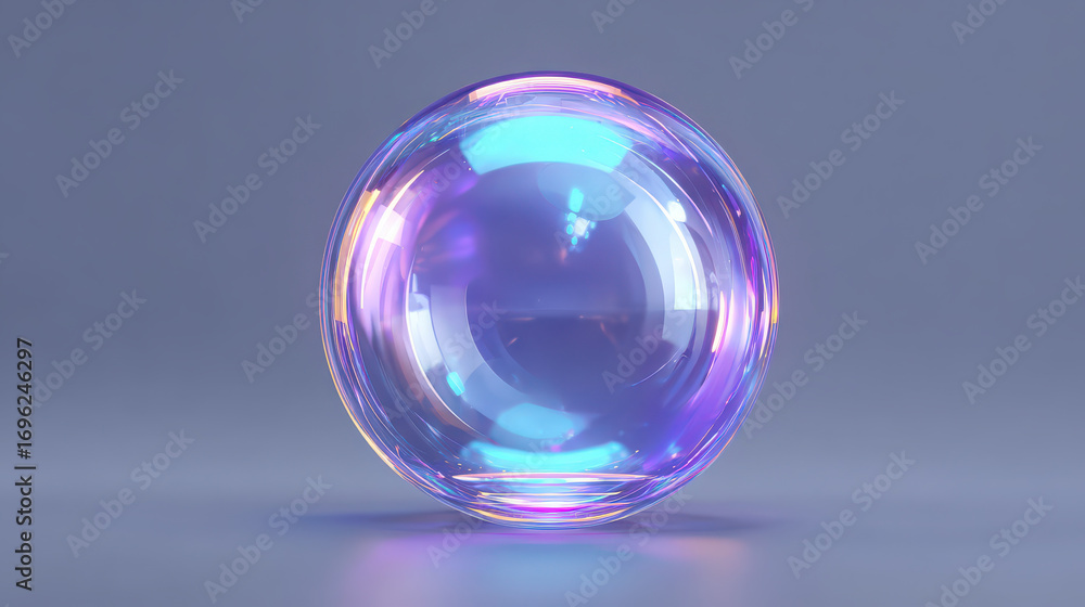 Obraz premium Iridescent glass sphere glowing with vibrant blue and purple light reflections, placed on smooth surface, creating magical and futuristic atmosphere