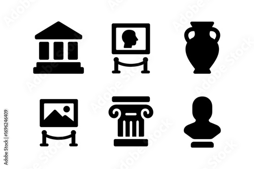 Minimalist museum icons: artifacts, sculptures, architecture, and gallery symbols