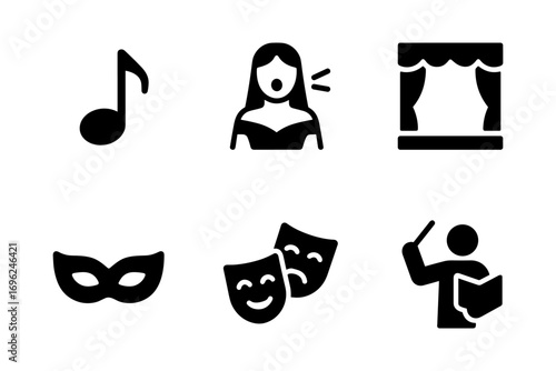 Theater icon set: musical note, performance, masks, conductor