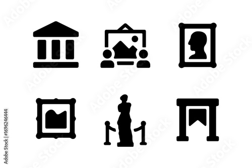 Minimalist museum icon set featuring art, sculpture, and exhibits in a bold silhouette style