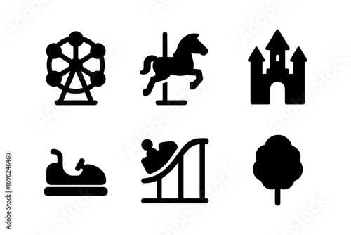 Amusement park icons: ferris wheel, carousel, castle, bumper car, roller coaster, tree