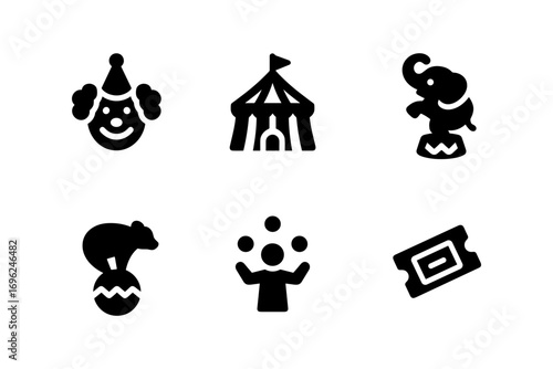 Circus icons set featuring clown, tent, elephant, bear, juggler, and ticket