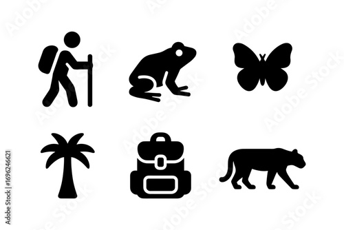 Adventure icons: silhouette nature exploration with animals and outdoor gear