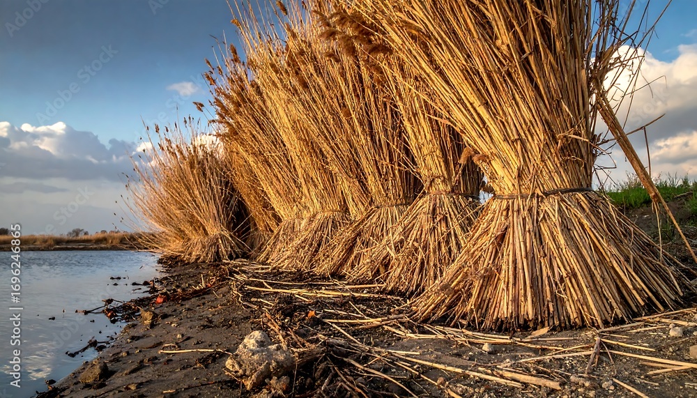 Fototapeta premium Dried reeds lining a riverbank at sunset