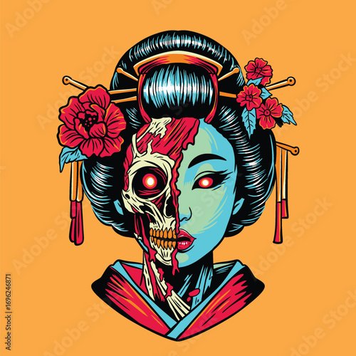 Vector Japanese geisha face reveals a detailed skull