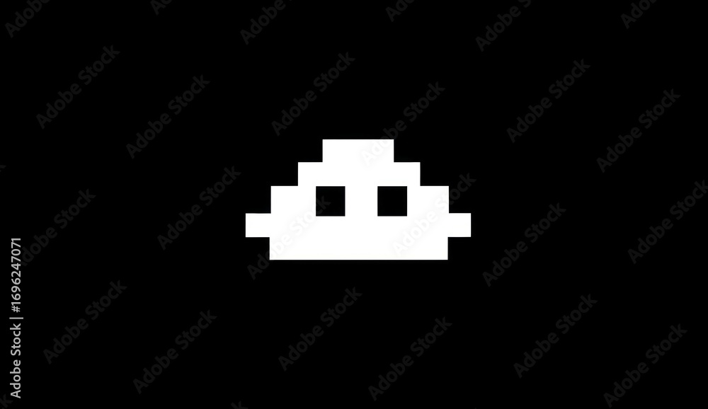 Obraz premium Pixelated white blob with two square eyes sits on a solid black background, evoking a minimalist, retro video game aesthetic
