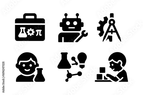Stem education icons: robotics, laboratory, student learning in silhouette style