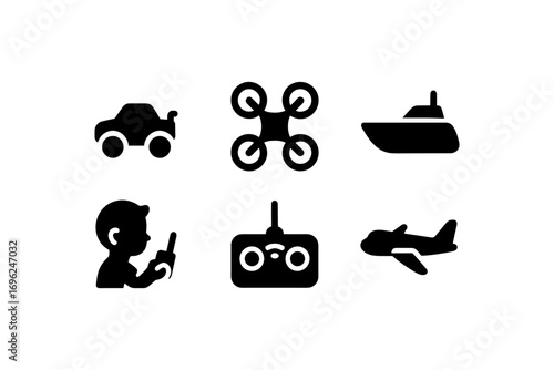 Silhouette icons of remote control car, drone, boat, child, controller, and airplane