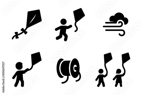 Playful kite flying icon set: silhouette design elements for outdoor activities