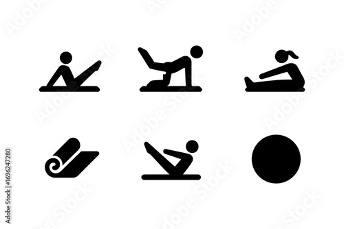 Minimalist workout icons featuring people exercising in various yoga poses and fitness equipment