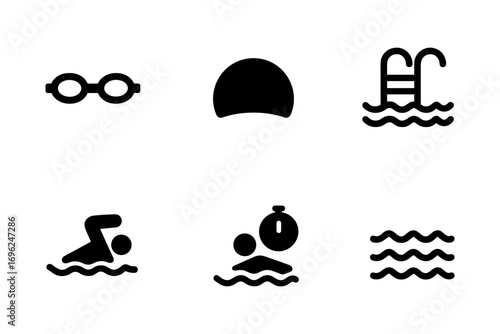 Minimalist swimming icons set: goggles, cap, pool ladder, swimmer, stopwatch, waves