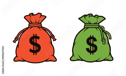 Two money bags one red and one green with dollar signs isolated on white background