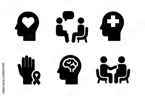 Mental health awareness icons: conversation, support, and unity symbols