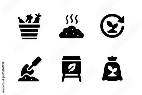 Eco-friendly gardening icons: compost, planting, recycle, and more in minimalist black style