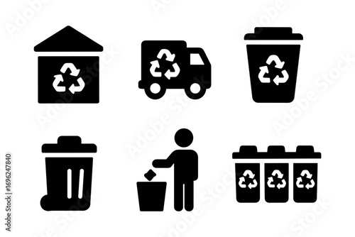 Recycling icons: waste management and sustainability symbols in silhouette style