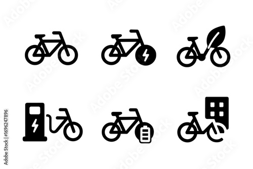 Electric bicycle icon set featuring charging station and eco elements