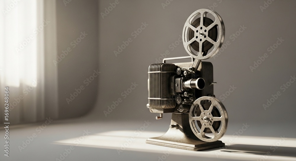 Fototapeta premium Vintage film projector casting shadows in a softly lit studio setting