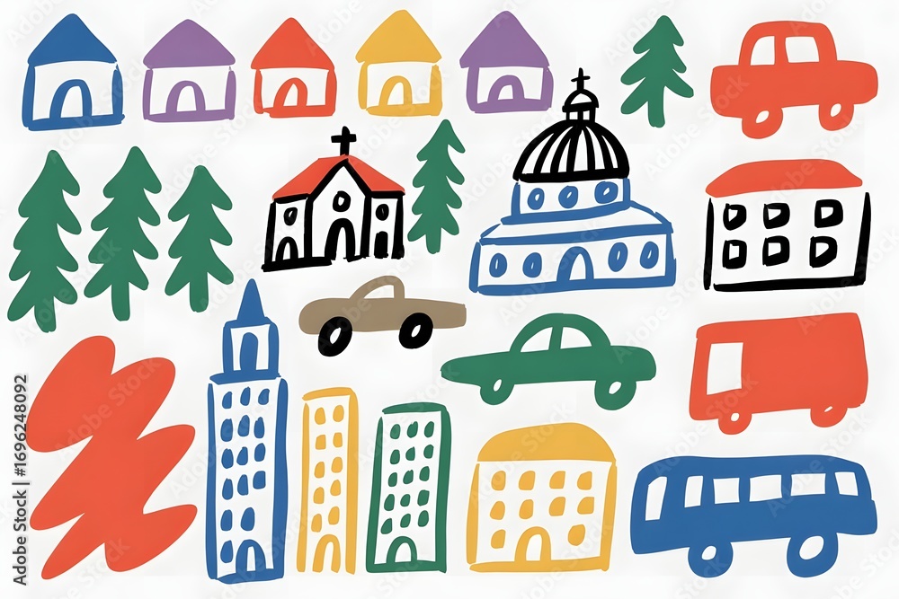 Naklejka premium Colorful cartoon city scene featuring buildings cars and trees in a whimsical style design