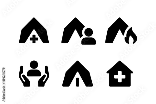 Essential icons: emergency shelter, medical aid, and community support symbols