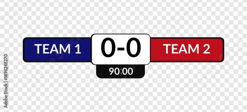 Sports scoreboard vector template. Soccer or football match timer and team score display. Final match result