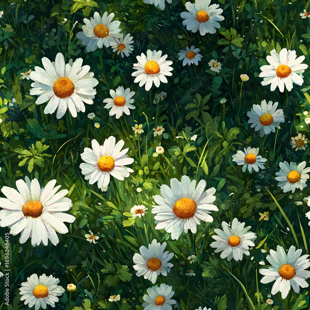 Obraz premium Close up view of a field of white daisies with green foliage