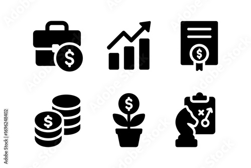 Business icons set featuring finance, growth, investment, and strategy in bold silhouette style