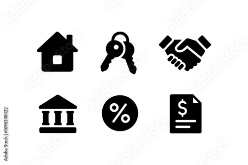 Essential real estate icons: house, keys, handshake, bank, percent, dollar document
