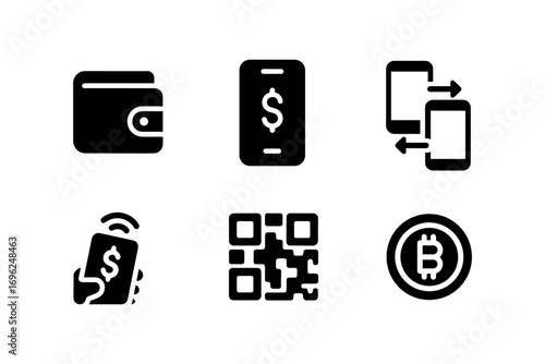 Digital payment icons: wallet, mobile transactions, and cryptocurrency symbols