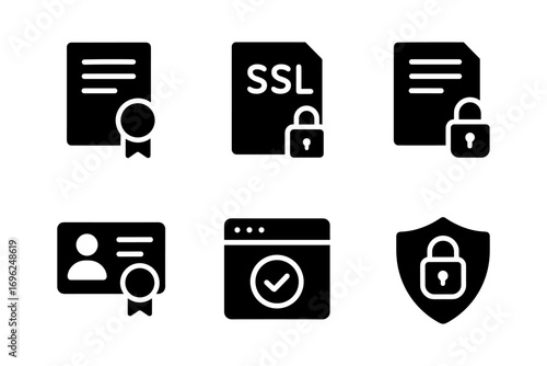 Certificate and security icons set featuring ssl, lock, browser, and id badge