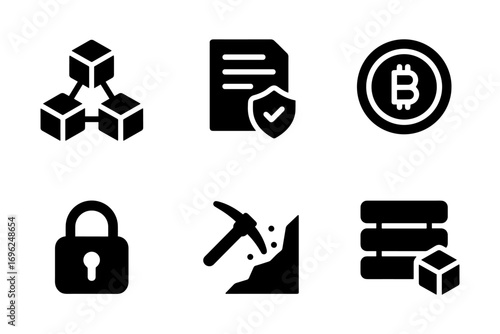 Blockchain and cryptocurrency icons set in bold monochrome style