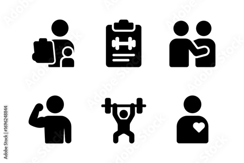 Fitness and wellness icons set: gym, health, and companion