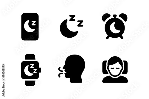 Sleep icon set: smartphone, clock, watch, head, and relaxing person symbols