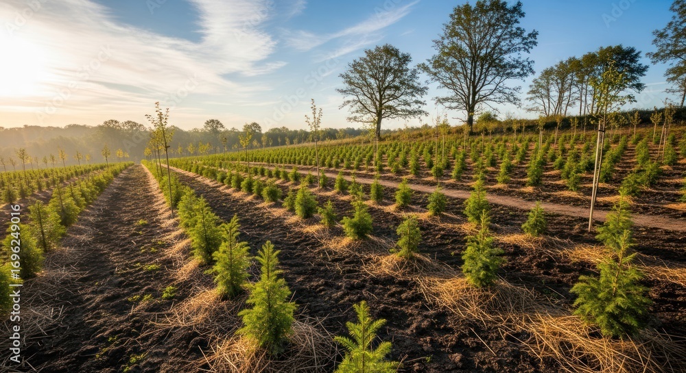 Fototapeta premium Rows of Young Trees in a Nursery on a Sunny Day.