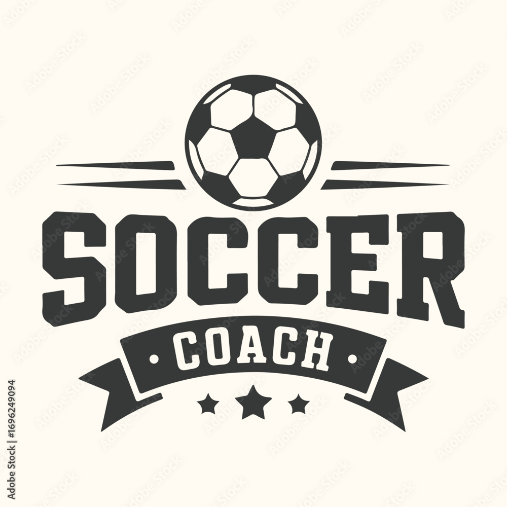 Obraz premium Vector art of soccer coach emblem featuring a soccer ball and text