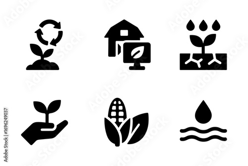 Eco-friendly farming icons set featuring agriculture and sustainability symbols