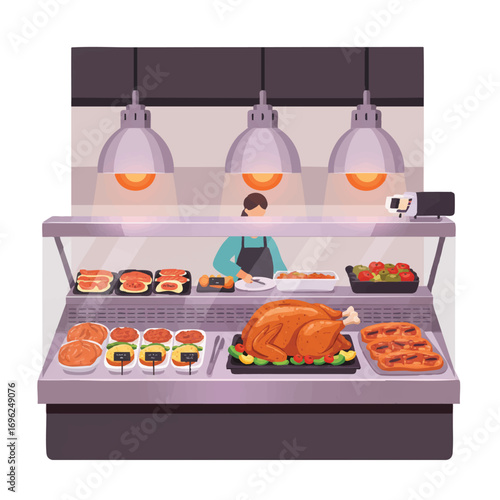 Vibrant 2D vector illustration of a delicious roasted chicken under a heat lamp in a modern deli counter, a person reaching for other fresh prepared food items.