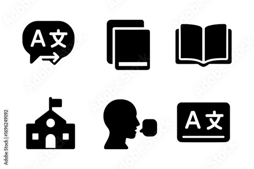 Language and education icons featuring translation and communication