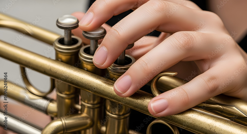 Obraz premium hands operating trumpet valves