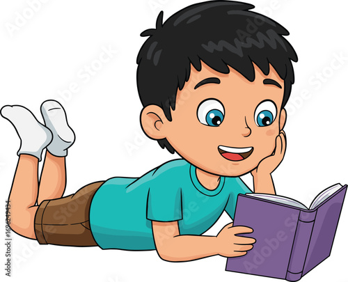 Cartoon boy laying on floor reading book, happy child learning at home, education and study concept, kids reading illustration