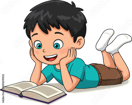 Cartoon Boy Reading Book While Lying on Floor, Happy Child Learning and Studying, Fun Educational Illustration for School or Home