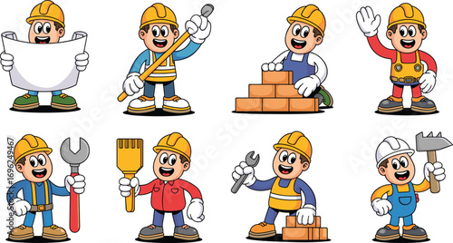 Cartoon Construction Workers with Tools and Bricks, Fun and Educational Builder Characters for Kids, Engineering and Labor Concept Illustration