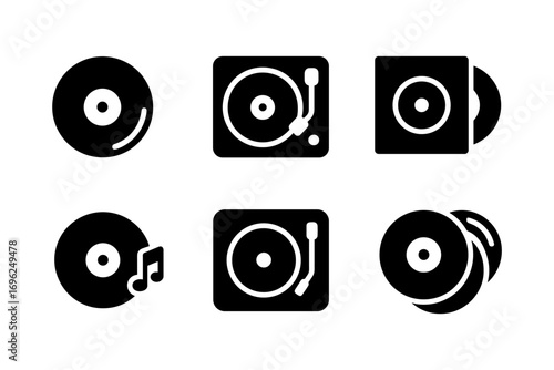 Music icons set: black silhouette turntable and vinyl records