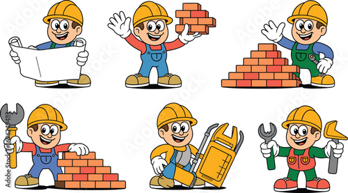 Cartoon Construction Workers with Tools and Bricks, Building and Engineering Concept for Kids, Educational and Fun Illustration Set