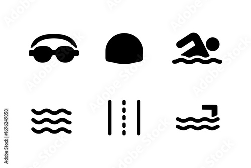 Swimming icons set: silhouette style featuring gear and action symbols