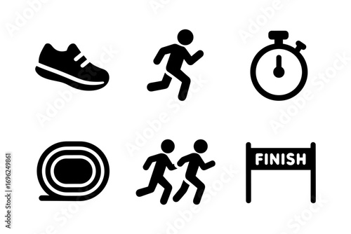Minimalist running icons set: shoe, runner, stopwatch, track, finish line