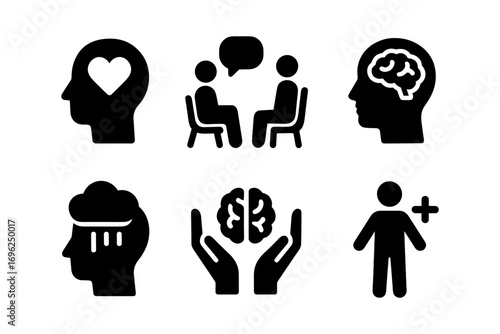 Mental health icons: brain care and therapy silhouettes